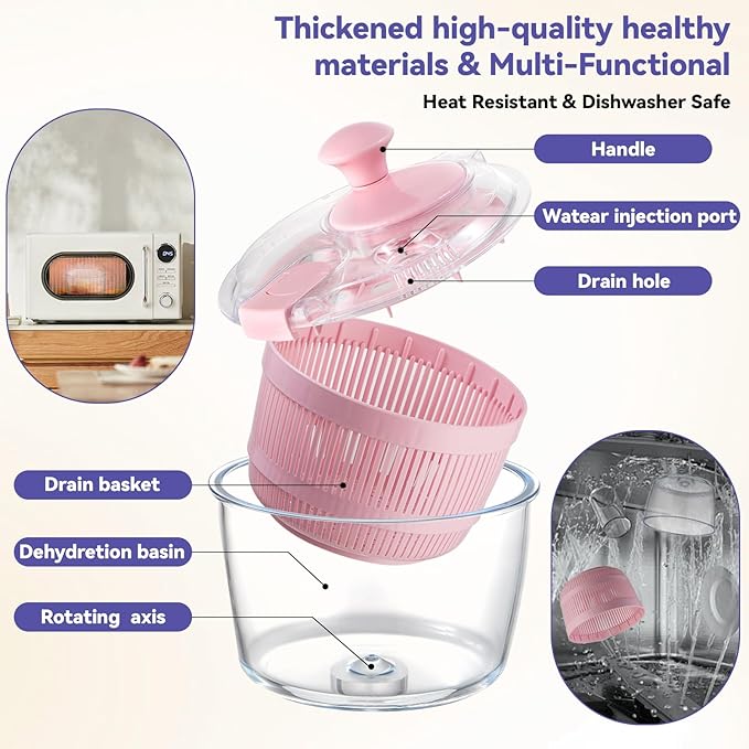 Good Grips 3.2 Qt Glass Salad Spinner Small Vegetable Dryer with Drain Microwave Safe Dishwasher Safe with Transparent Lid Crank Handle Quick Spin Greens Washer for Lettuce Herbs Fruits Pink