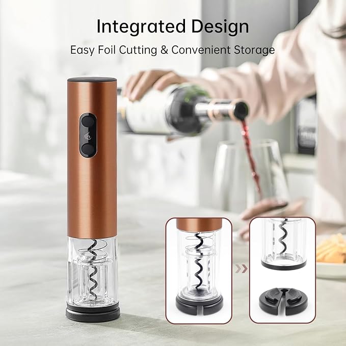 Rechargeable Wine Opener by ELMWAY, Electric Wine Bottle Opener with Foil Cutter, LED Light and Stainless Steel Shell, Cordless Corkscrew & Cork Remover, Gifts for Wine lover- Rose Gold