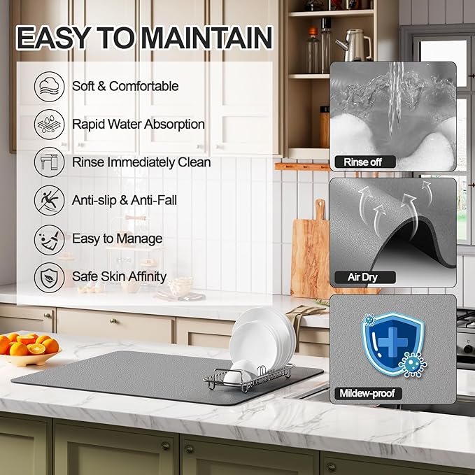 Ecotrim - Dish Drying Mat for Kitchen Counter | Coffee Bar Mat for Countertops | Heat Resistant Drainer Mat with Non-slip Rubber Backed | Hide Stain Kitchen Absorbent Draining Mat | Grey 18"x32"