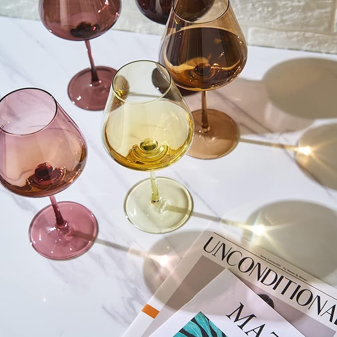 Terracotta Mars Collection Colored Crystal Wine Glass Set of 5, Gift For Him, Mom Dad Friend - 20 oz Glasses, Unique Italian Style Tall Drinkware - Red & White, Beautiful Glassware