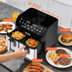 OSTBA 9.5QT Double Air Fryer, 1700W Dual Air Fryer with 2 Independent 4.25QT Stainless Steel Baskets, Digital Touchscreen, Sync Finish, 8 Presets, Auto Shutoff, Nonstick Dishwasher Safe