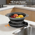 Collapsible Colander Set of 3 with Kitchen Counter Self-draining Base, Round Silicone Food Foldable Strainer for Cooking Pasta, Vegetables and Fruit (3QT, 4QT and 5QT)