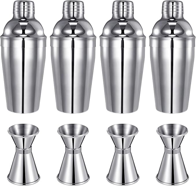 Umigy Cocktail Shaker Set Martini Shaker Bulk Stainless Steel Martini Mixer with Strainer and Double Measuring Jigger for Bar Party Home Use Wine Bar(18 Oz/ 550 ml,4 Packs)