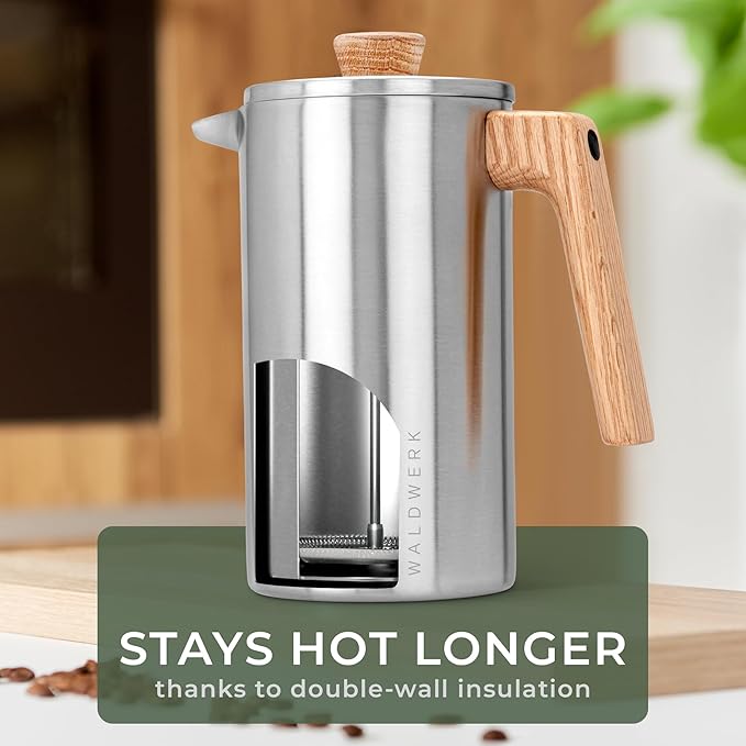 WALDWERK French Press (34 oz) - Non-Toxic Stainless Steel Double Wall French Press Coffee Maker - Plastic Free Coffee Press with Oak Wood Handle - Insulated Stainless Steel Coffee Maker - No Plastic