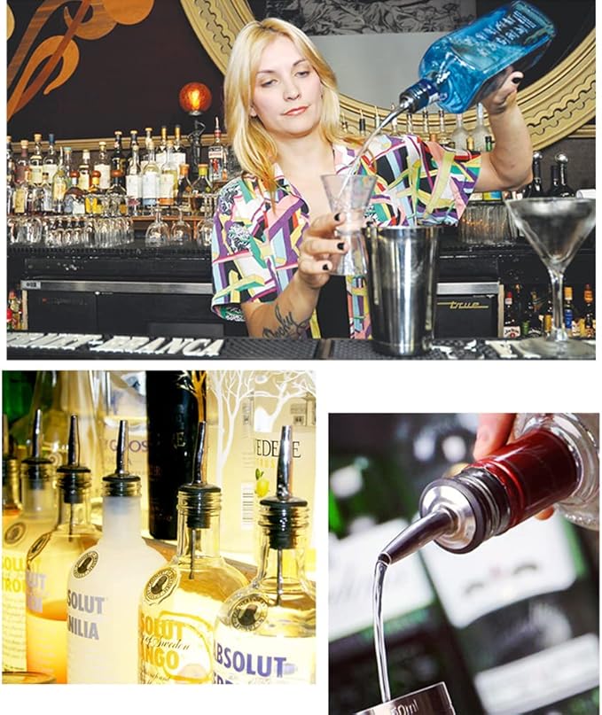 48 PCS Stainless steel bottle spout classic bottle pourers tapered spout liquor pourers with rubber dust caps for 1 inch bottle mouth, wine liquor olive oil coffee syrup vinegar bottles