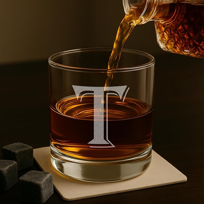 On The Rox (T-Monogram)- 4 Piece Set of 11 Ounce Engraved Heavy Base Rocks Glasses Elegant Glass-Multi-Purpose Beverage-Rocks Glass- Gift for any Occasion