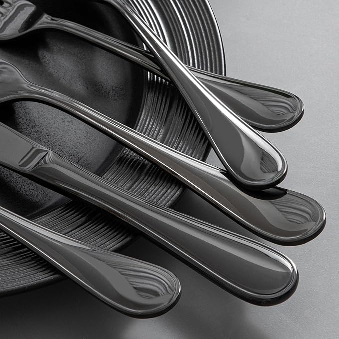 KINGSTONE 40 Piece Teardrop Silverware Set for 8, 18/10 Stainless Steel Flatware Set, Modern Design Cutlery Set for Home/Hotel/Wedding,Mirror Polished and Dishwasher Safe, Black