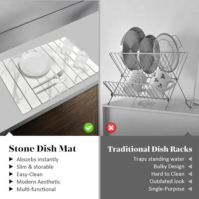Large Stone Dish Drying Mats for Kitchen Counter, 24"(L)×16"(W) Marble-Pattern, Fast Drying Collapsible Dish Drying Mat, Eco-Friendly Absorbent Diatomaceous Earth Mats for Tableware, Match Countertop