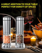 CIRCLE JOY Battery Operated Electric Salt and Pepper Grinder Set with Base, Stainless Steel Pepper Mills with 95ml Container, White LED Light and External Adjustable Coarseness, Silver