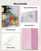 Upstreman 3.2 Cu.Ft Mini Fridge with Freezer, Single Door Compact Refrigerator, Adjustable Thermostat, Small Refrigerator for Dorm, Bedroom, Office, Pink-BR321