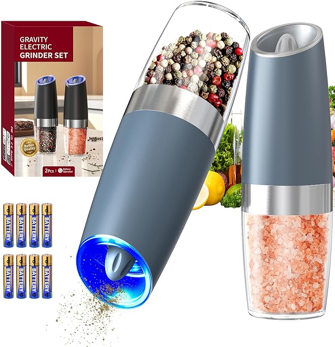 CIRCLE JOY Gravity Electric Salt and Pepper Grinder Set Automatic Salt and Pepper Grinder Set with LED Light, Battery Operated, Adjustable Coarseness, Large Capacity, for Home Kitchen BBQ, Blue
