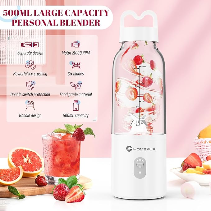 Portable Personal Blender 17 OZ/500 ML Juicer, 175W Personal Size Blender, Ideal for Smoothies, Ice Blending, Juicing, and Food Processing, Compact, Convenient, and Versatile (White)