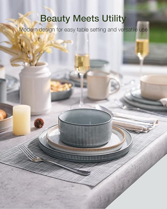 Famiware Star 24-Piece Plates and Bowls Set with Trim, Service for 8 - Stoneware Reactive Glaze Dinnerware, High Edge Ribbed Dishes, Chip & Scratch Resistant, Microwave & Dishwasher Safe, White & Blue