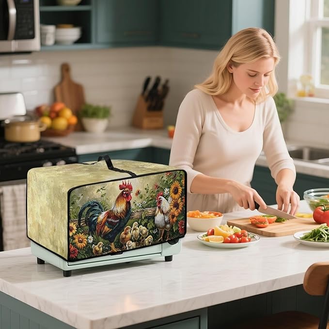 Rooster Sunflower Print Toaster Oven Dust-proof Cover Heat-Resistant Kitchen Small Appliance Air Fryer Covers Universal Washable Microwave Oven Covers (Small-14.5 * 18.46 * 9 inches)