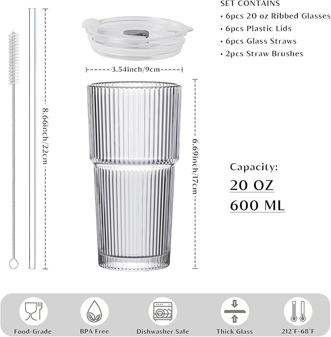 INSETLAN 6-Piece Glassware Set – 20 oz Ribbed Glass Tumblers with Lids and Glass Straws, Heavy-Duty Tumblers, Ideal for Iced Coffee, Smoothies, Cocktails, and Juices – Elegant and Durable Drinkware