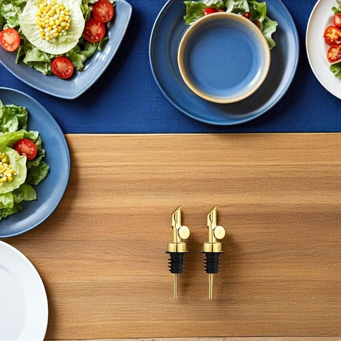 2 PCS Gold Olive Oil Dispenser Spouts: Stainless Steel Liquor Pourers for Kitchen Bar - Wine Bottle Pourer for Home Bartenders (4.9x1.18 Inch)