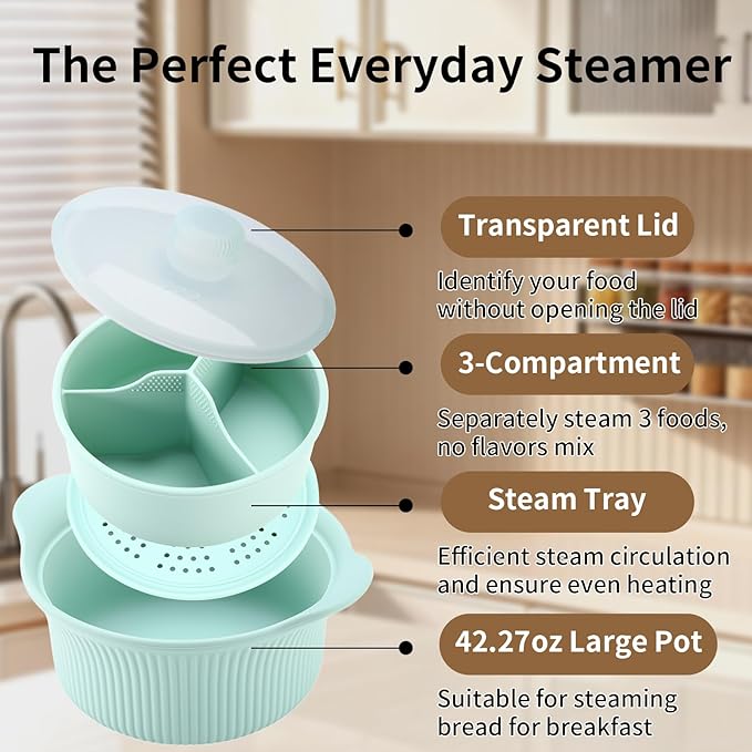 Microwave Vegetable Steamer, Silicone Microwave Cooker, Vegetable Basket for Broccoli, Rice, Eggs & Baby Food, Double Layer Food Cooker, Healthy Cooking, Dishwasher Safe