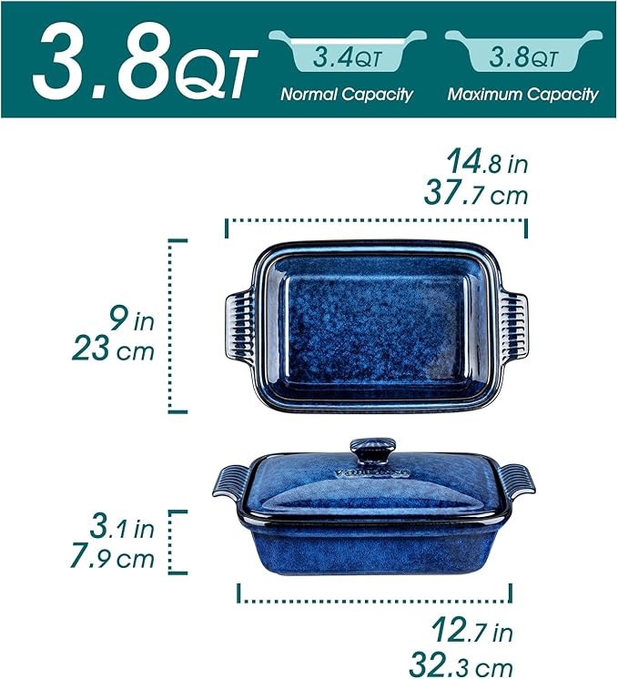 vancasso Starry Casserole Dish With Lid, 3.8 Quart Casserole Dish for Oven, 9x13 Baking Pan with Handles, Large Casserole Baking Dish Lasagna Pan with Lid, Microwave, Dishwasher Safe, Blue