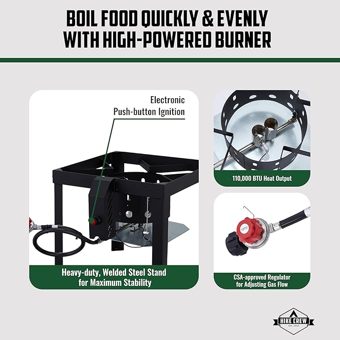 Hike Crew 100QT Outdoor Boiling Kit with Igniter| 110,000 BTU Seafood Boiler Set for Steaming or Cooking Fish, Crawfish, Crab & More | Includes Pot, Lid, Strainer, Burner Stand and Storage Cover