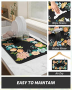AMOAMI Coffee Mat Hide Stain Rubber Backed Absorbent Dish Drying Mat for Kitchen Counter - Fits Under Coffee Maker or Machine - Floral BLACK 17x31.5