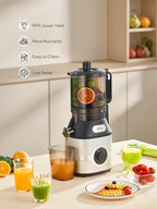 QCen Cold Press Juicer, 5.5” Wide Feed Chute Slow Masticating Juicer Machine for Whole Fruits and Vegetables, Easy to Clean (Silver)