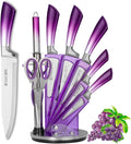 Purple Professional 9-Piece Kitchen Knife Set with Acrylic Block - Non Stick Sharp Stainless Steel Chef Knives with Sharpener,Gift for Home Kitchen Women