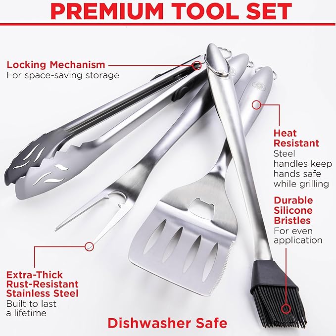 Alpha Grillers Grilling Accessories - Grilling Gifts for Men - BBQ Accessories Grill Tools Set with Spatula, Fork, Brush & Tongs - Outdoor Barbecue Utensils Gifts for Men Dad Him Boyfriend
