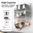 VyGrow 28 Inch Pot Rack Wall Mounted, 2 Tier Pots and Pans Organizer with 20 Hooks and 6 Pot Lid Holders, Heavy Duty Steel Pot and Pan Hanger for Kitchen Cookware Utensils Storage, Silver