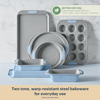 Pyrex (3-Piece) Metal Cookie & Muffin Sheet Bakeware Set, Lightweight Stainless Steel Baking Trays with Heatsafe Silicone Handles, Cookie Muffin Sheet Baking Pan, Cerulean