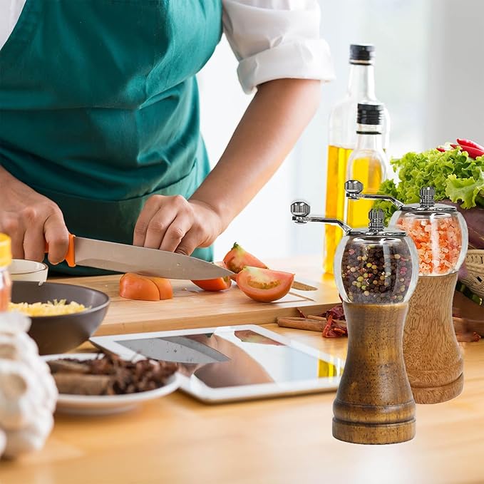Pepper Grinder Set, Wooden Manual Pepper Grinder with Handle Peppermill Grinder, Refillable Ceramic Blade Grinding, Enjoy Fresh Ground Pepper Salts with Spices, 2pcs-6in