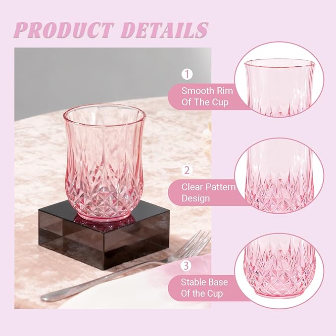 24 Pack Plastic Stemless Wine Glasses,12oz Unbreakable Vintage Elegant Drinking Glass Set,Reusable Fancy Cocktail Cups for Party, Wedding, and Bulk Events (24, 12oz-Pink)