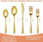 40 Pcs Gold Silverware Set, Stainless Steel Flatware Set for 8, Food-Grade Cutlery Set, Mirror Polished Tableware Eating Utensils Set for Home Kitchen, Include Knife Fork Spoon Set, Dishwasher Safe
