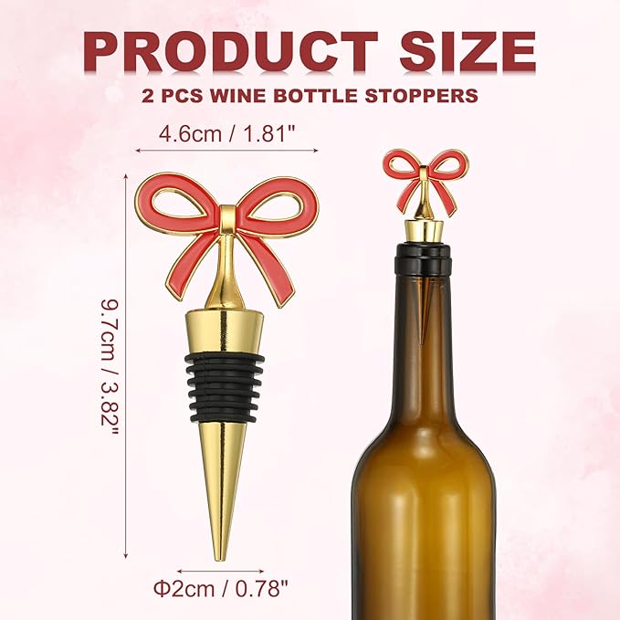 uxcell 2 Pcs Bow Wine Stopper, Reusable Wine Stoppers Airtight Leak-proof Bottle Plugs Liquor Saver Beer Beverage Glass Bottles Stopper for Bar Holiday Party Home Decor, Gold-Red
