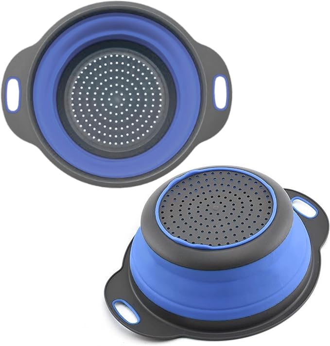 Round Silicone Blue Colander Collapsible – Foldable Kitchen Strainer Small Collapsible Colander Blue with Plastic Handles for Draining Vegetable and Fruit Round Silicone Kitchen Strainer for Pasta