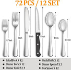 72 Pcs Silverware Set with Steak Knives Service for 12,Stainless Steel Flatware Set,Mirror Polished Cutlery Utensil Set,Home Kitchen Eating Tableware Set,Include Fork Knife Spoon Set,Dishwasher Safe
