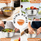 BEWOS Mixing Bowls with Lids Set - 5 Pcs Stainless Steel Mixing Bowls With 3 Grater Attachments, Size 4.5, 4, 3.5, 2.1, 1.5QT Metal Bowls for Baking and Serving (Colored)