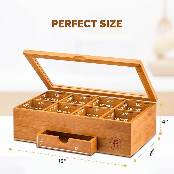 Bambüsi Tea Box Organizer with Drawer - 8 Compartment Bamboo Wooden Tea Storage Chest with Acrylic Window & Magnetic Lid - Tea Accessories & Gift Set for Women, Birthdays, House Warming Gifts New Home