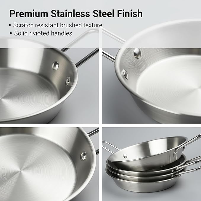Au Gratin Dishes Stainless Steel, Specialty Gratins Pots and Pans, Cookware, Small Baking Dish with Handles, Set of 4, 27 Oz, for Oven Roasting, Individual portion, Pie (Silver, 8.3 Inch)