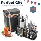 HMYBAR® 22-pc Cocktail Shaker Set(24oz/700ml) | Mixology Bartender Kit | Bar Tool Set | Martini Making Set with 39-Recipe Cocktail Cards & Kit's Deco, Bamboo Stand Black Color, Silver Tools