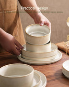 Famiware Star Dinnerware Set with Pasta Bowls, Service for 4 (16pcs), Ribbed Stoneware Plates and Double Bowls Dishes Sets - Chip & Scratch Resistant, Microwave & Dishwasher Safe, Cappuccino White