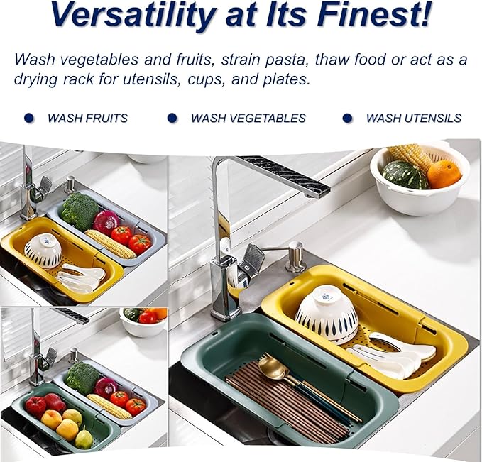 Extendable Sink Colander Strainer Basket - Wash Vegetables and Fruits, Drain Cooked Pasta and Dry Dishes - Adjustable Over the Sink Colander Collapsible Drainer Basket - Yellow