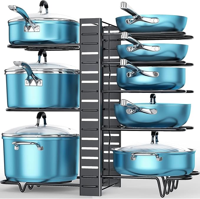 ORDORA Pots and Pans Organizer for Cabinet 16.61 Height, 8 Tier Pot Organizers Rack with 3 DIY Methods, Adjustable Pan Organizer under Cabinet Kitchen Organization and Storage