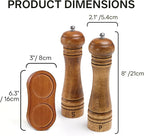 Wooden Salt and Pepper Grinder Set, Premium Oak Wood Salt Grinders Shakers, Pepper Mill with S and P Engraving, Adjustable Ceramic Grinder (8″ - 2 Packs with Tray)