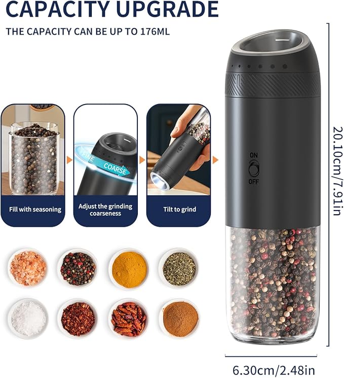 CIRCLE JOY Gravity Sensor Salt and Pepper Grinder Set with Rechargeable Base, Electric Salt and Pepper Grinder Set with External Adjustment, 176ml Capacity and One-handed Operation, Black