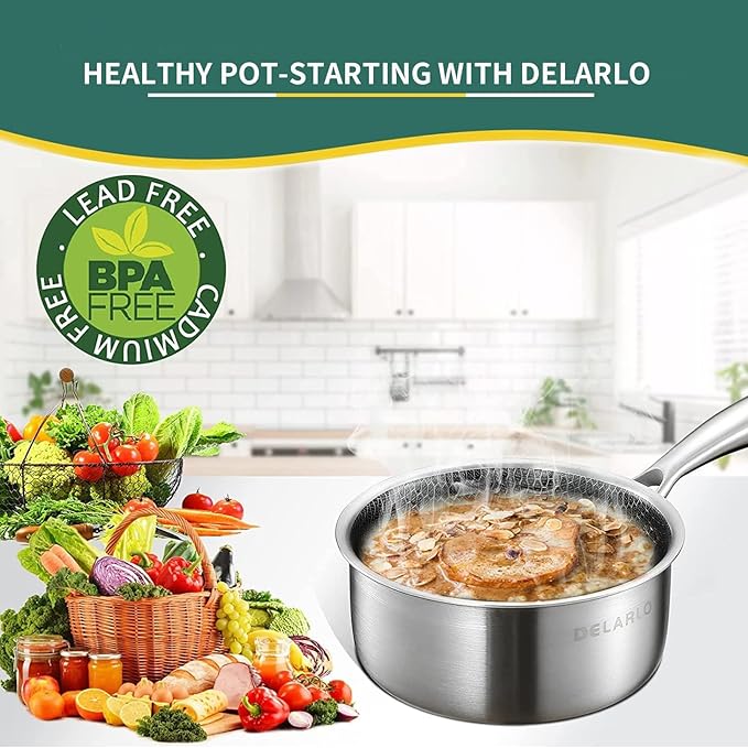 DELARLO Full Clad Tri-Ply Stainless Steel Saucepan 2.5QT, All Stove Safe 600℉(Lids 300℉), Medium Sauce Pan with Lid, Non Stick Sauce Pan, Fast & Even Heat, Steel Pot with Lid, Energy Saving,2-1/2 QT
