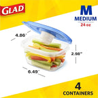 Glad GladWare To Go Snack Food Storage Containers with Lids, Medium Rectangle No BPA Plastic with Built-In Dressing Cup for Salads and Snacks, Microwave Dishwasher Safe, 24 Oz, 4 Count