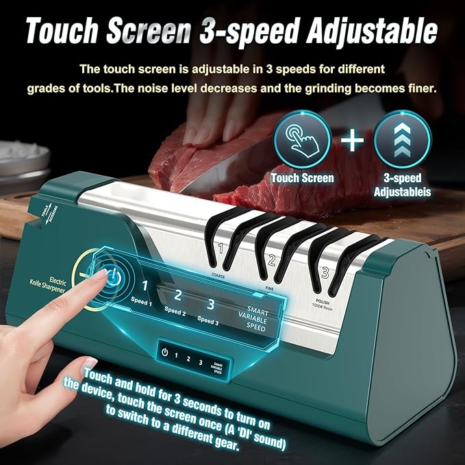 Professional Electric Knife Sharpener with 100% Diamond Abrasives & Precision Angle Guides, 3-Speed Variable 4-Stage Open Touch-Screen Knife Sharpener for Straight, Serrated Edges, Scissors & Axes