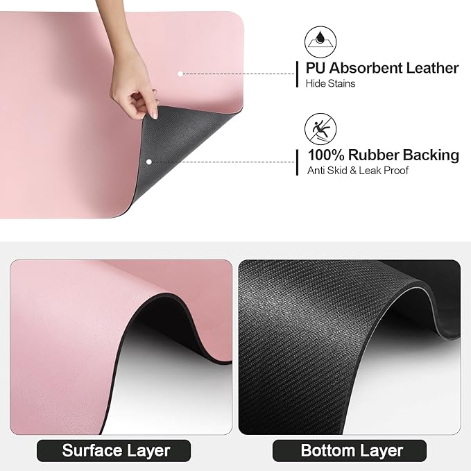 Ecotrim - Dish Drying Mat for Kitchen Counter | Coffee Bar Mat for Countertops | Heat Resistant Drainer Mat with Non-slip Rubber Backed | Hide Stain Kitchen Absorbent Draining Mat | Pink 16"x18"