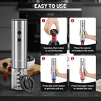 Secura Stainless Steel Electric Wine Opener, Rechargeable Automatic Wine Bottle Opener with Foil Cutter & Charging Cable, Reusable Corkscrew Wine Opener Electric for Home Party Bar Outdoor, Silver