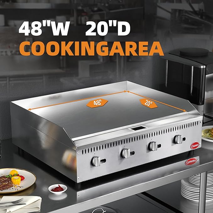 48" Commercial Countertop Griddle, 4 Burners Gas Griddle, 120000 BTU Output, Stainless Steel Flat Top Grill Hot Plate with Natural Gas and Propane Conversion Kit for Restaurant, Food Truck